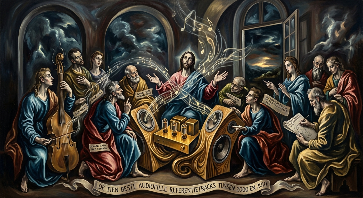 Barokke illustratie van muzikale figuren rond vintage hifi-apparatuur, met een banner: De tien beste audiofiele referentietracks tussen 2000 en 2010.