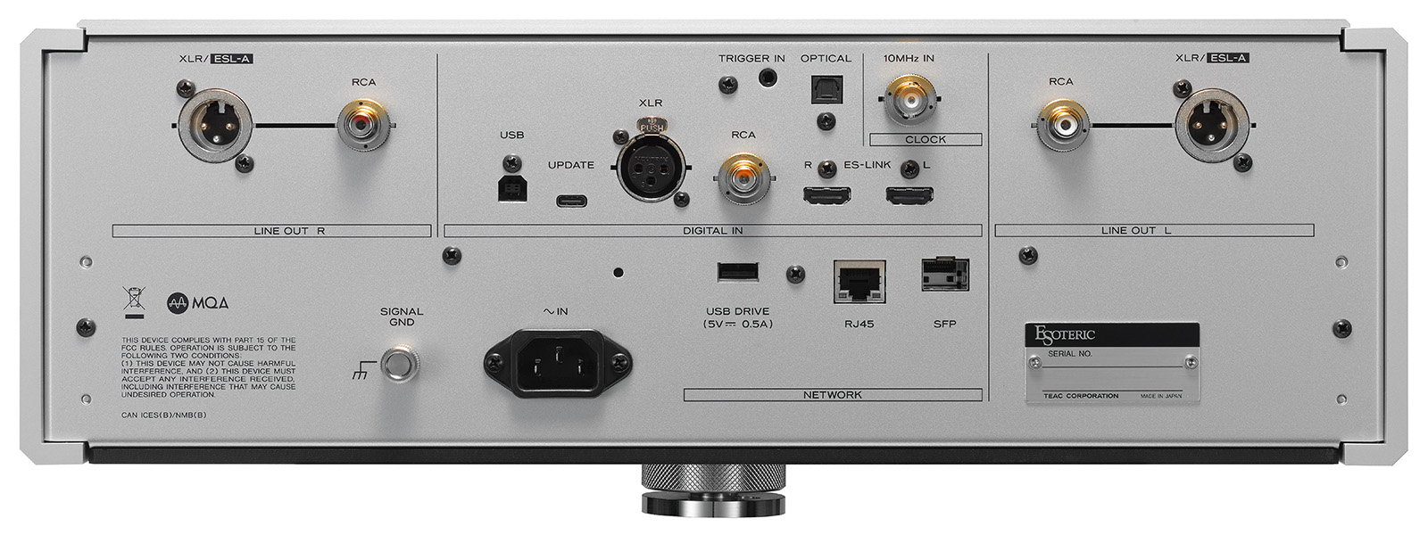 Achterzijde van de Esoteric N-01XE met alle aansluitingen
