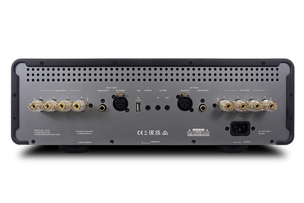 Achterkant van de Michi Prestige S430 met XLR, RCA en dubbele luidsprekerklemmen